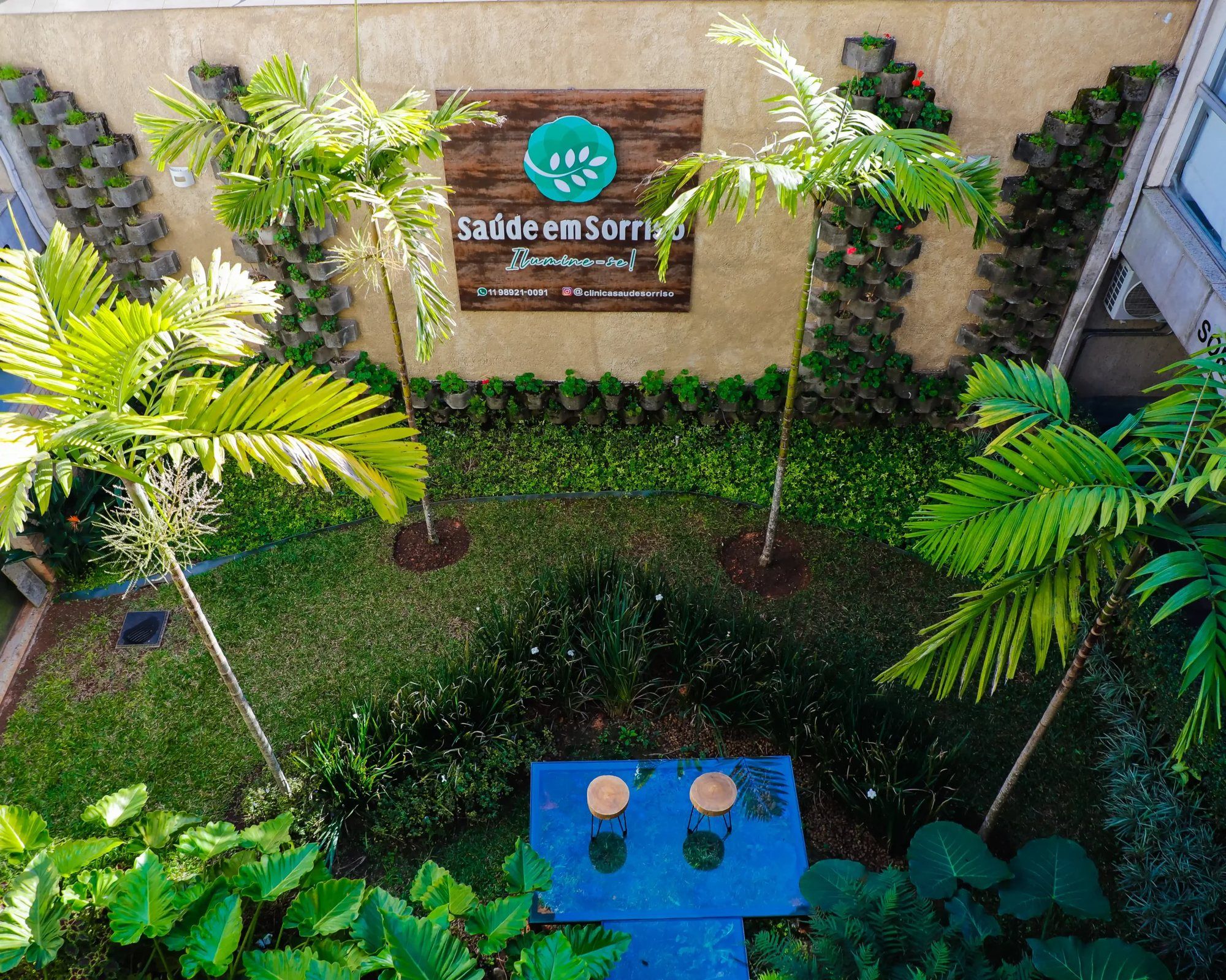 Jardim interno da clínica, com palmeiras e o painel de madeira com o logo
